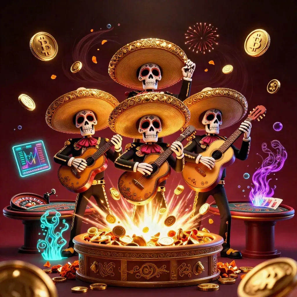 Skeleton mariachi trio amid vault coins, crypto lights, roulette wheel and casino glow.