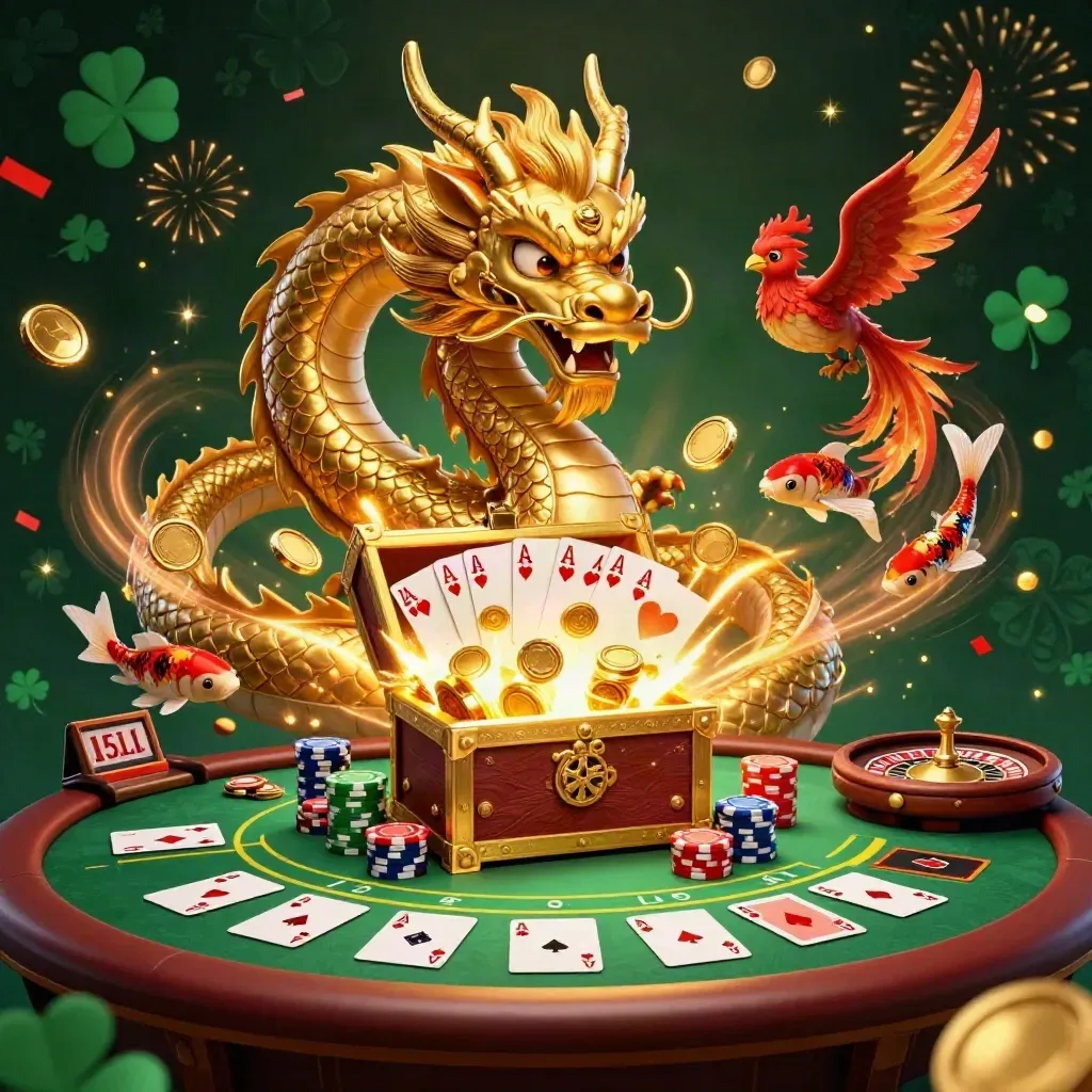 Golden dragon, phoenix, koi, poker chips and coins burst from a treasure chest in casino glamour