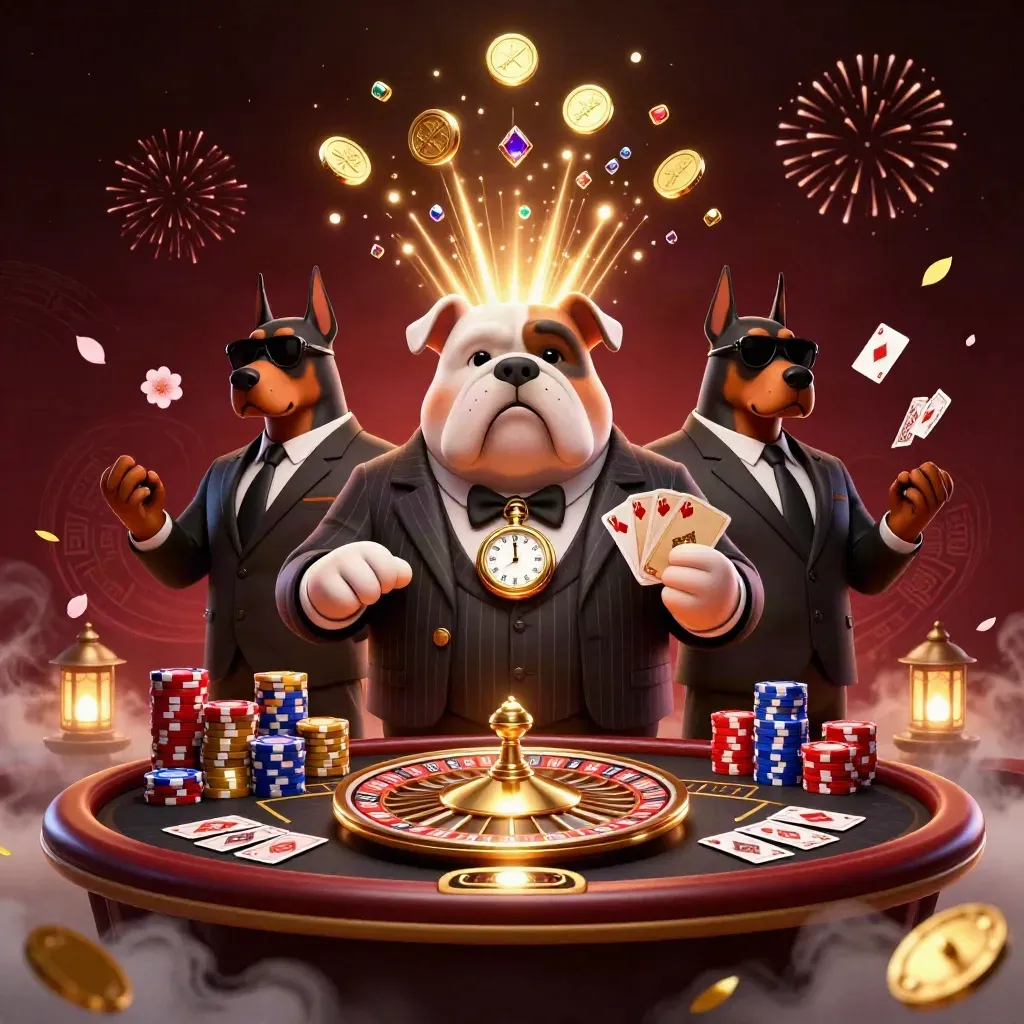 Bulldog mafia boss and Dobermans amid coins, roulette, chips and fireworks in luxe casino glow