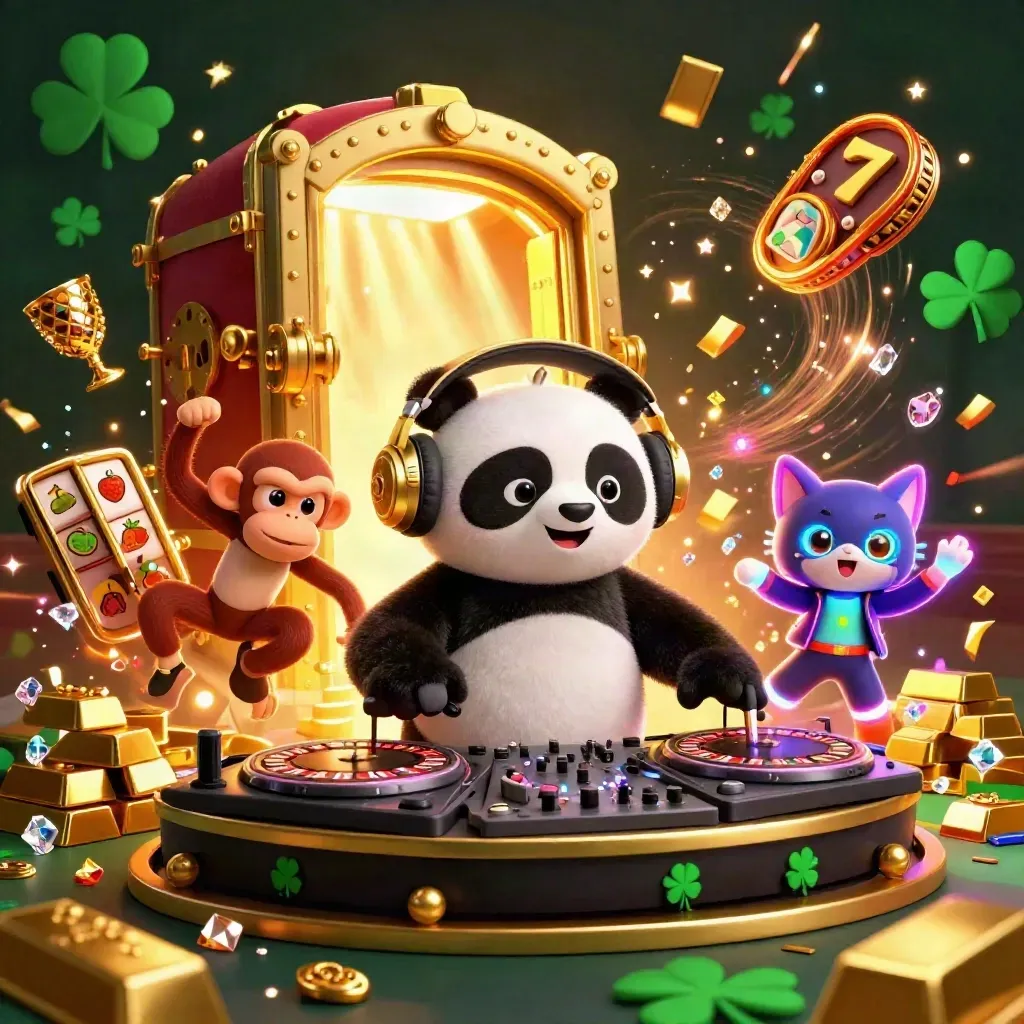 DJ panda, dancing monkey and glow-stick kitten burst from a gold vault with casino sparks.