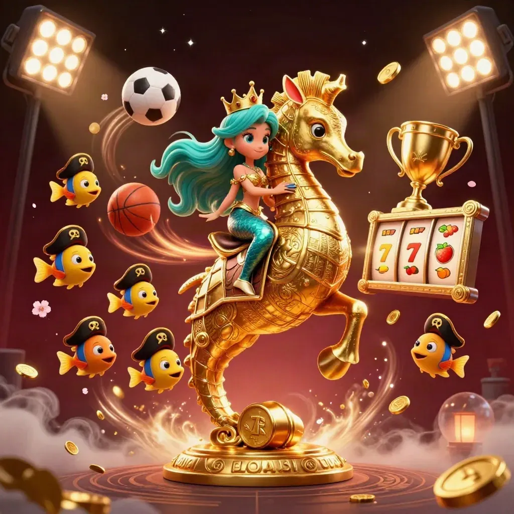 Mermaid princess on a golden seahorse amid casino sports icons, coins, reels, and glowing magic.