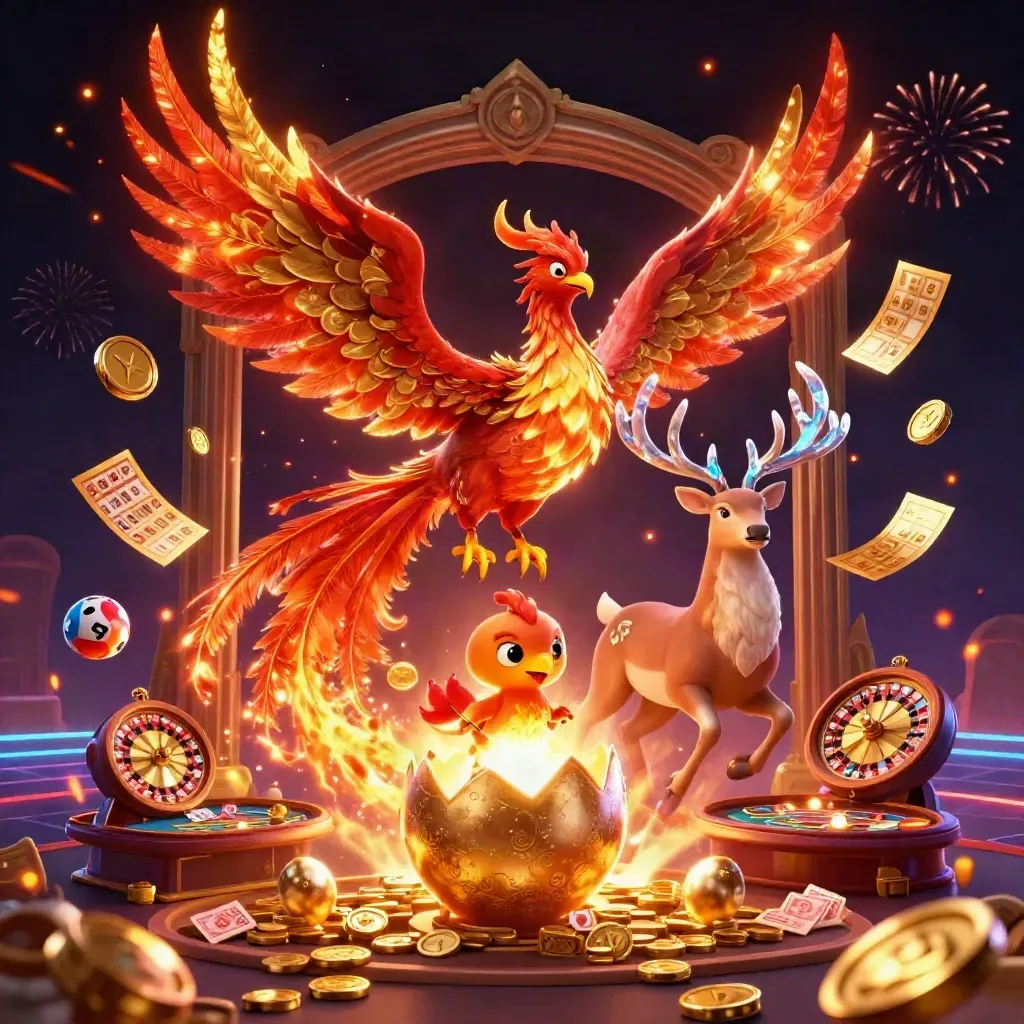 Phoenix, stag, egg, coins, and casino icons erupt in a luxe neon vault scene.