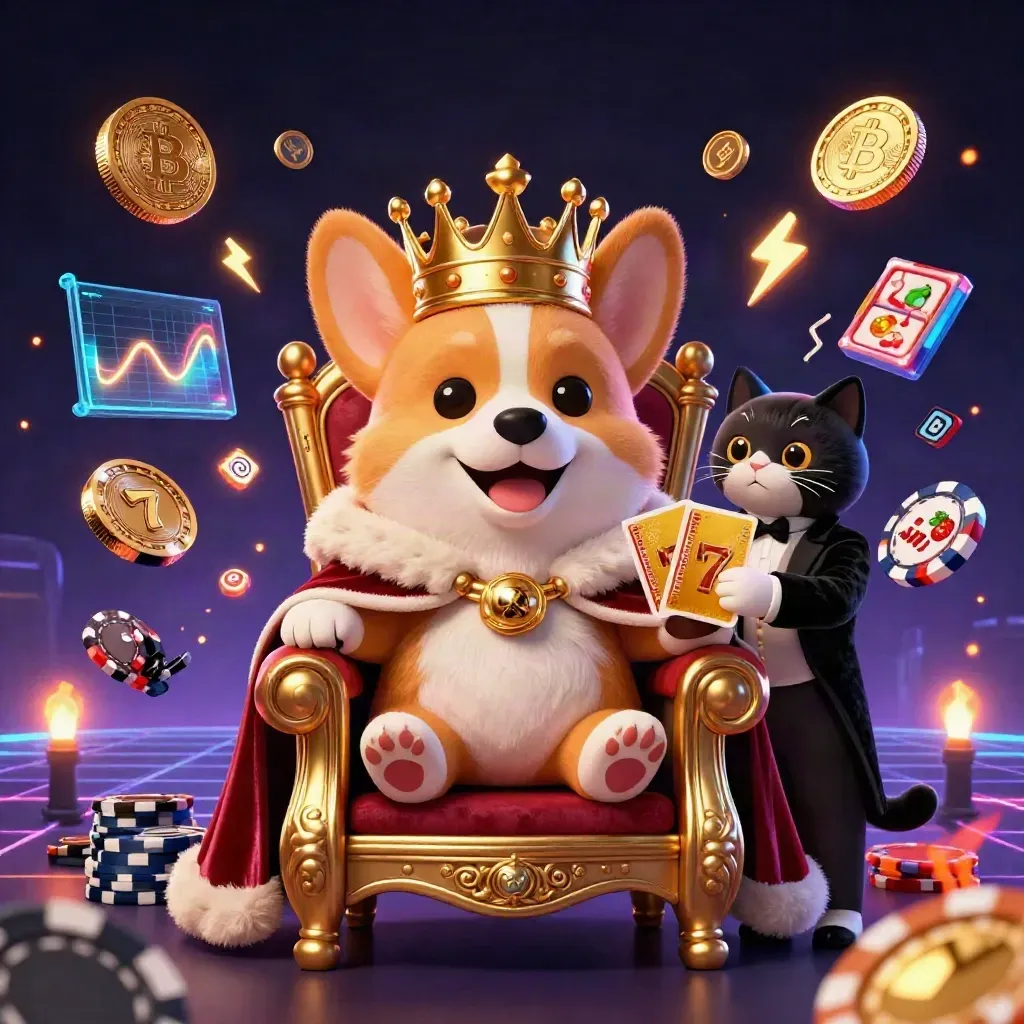 Royal corgi and cat butler amid casino chips, crypto coins, neon effects, and jackpot energy.