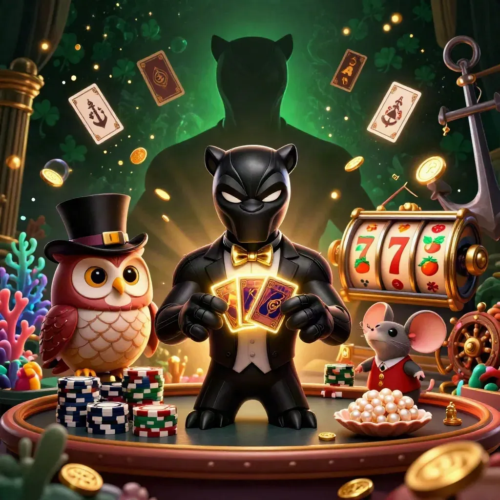 Panther dealer, owl and lucky mouse in a gold-lit underwater casino burst with chips, coins and coral.