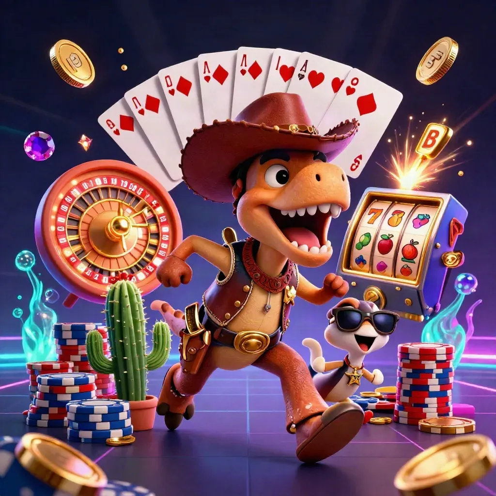Cowboy T-Rex, cactus, and sheriff roadrunner burst around neon casino reels and gold coins.