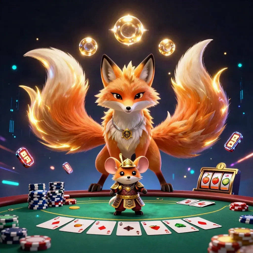 Fox spirit and armored mouse amid casino cards, chips, reels, and glowing effects.