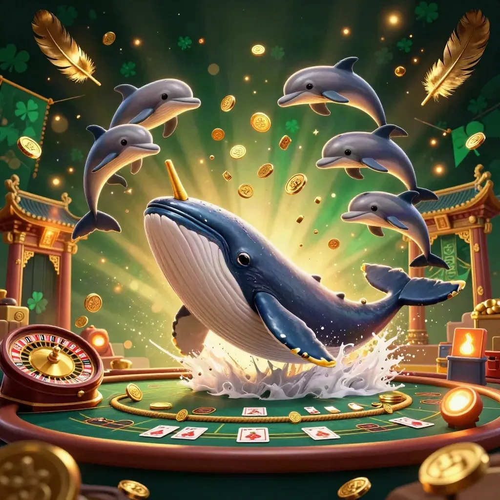 Whale captain, narwhal, and dolphins amid casino coins, roulette, cards, and gold light