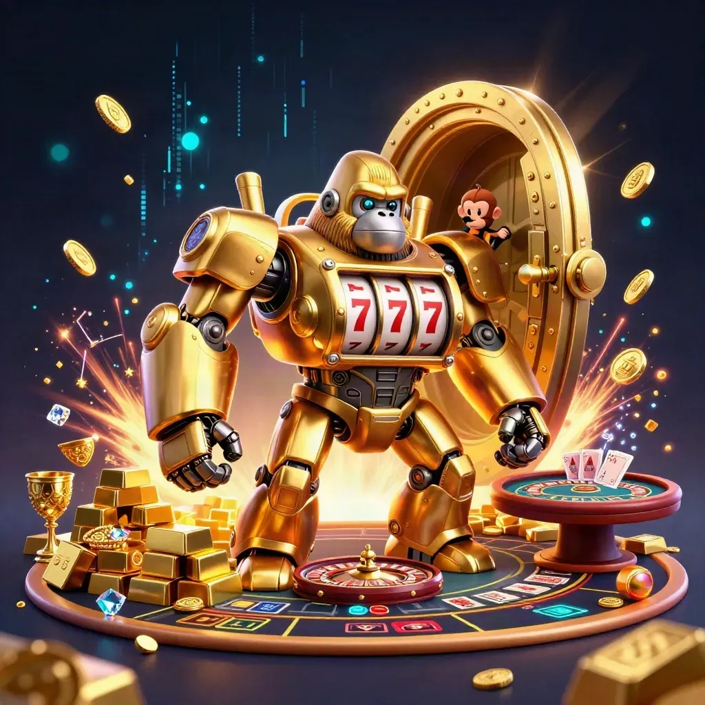Golden gorilla mech with tiny monkey pilot, vault riches, casino table, roulette wheel, neon sparks.