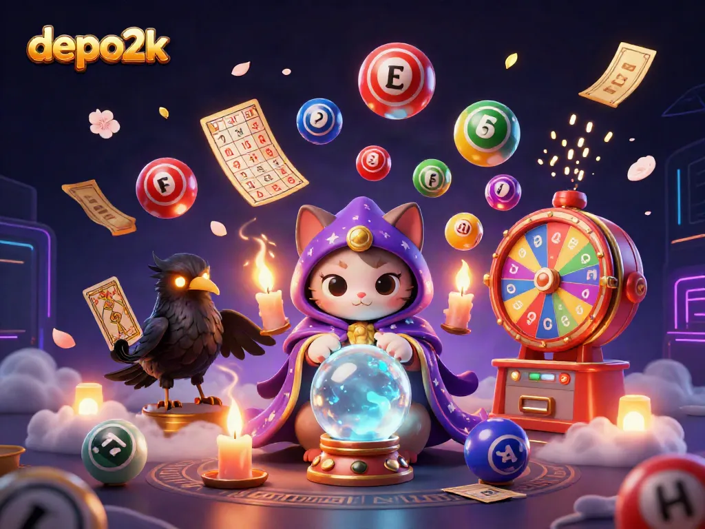 Engage with the lively depo2k scene featuring a fortune teller cat and a tarot raven amidst vibrant gaming elements.