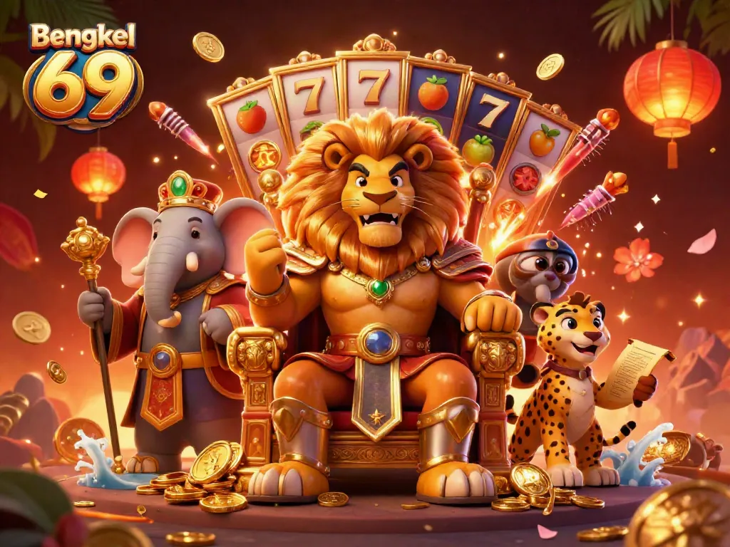 Bengkel 69 features a lion king surrounded by slot reels and golden elements in a vibrant casino scene.