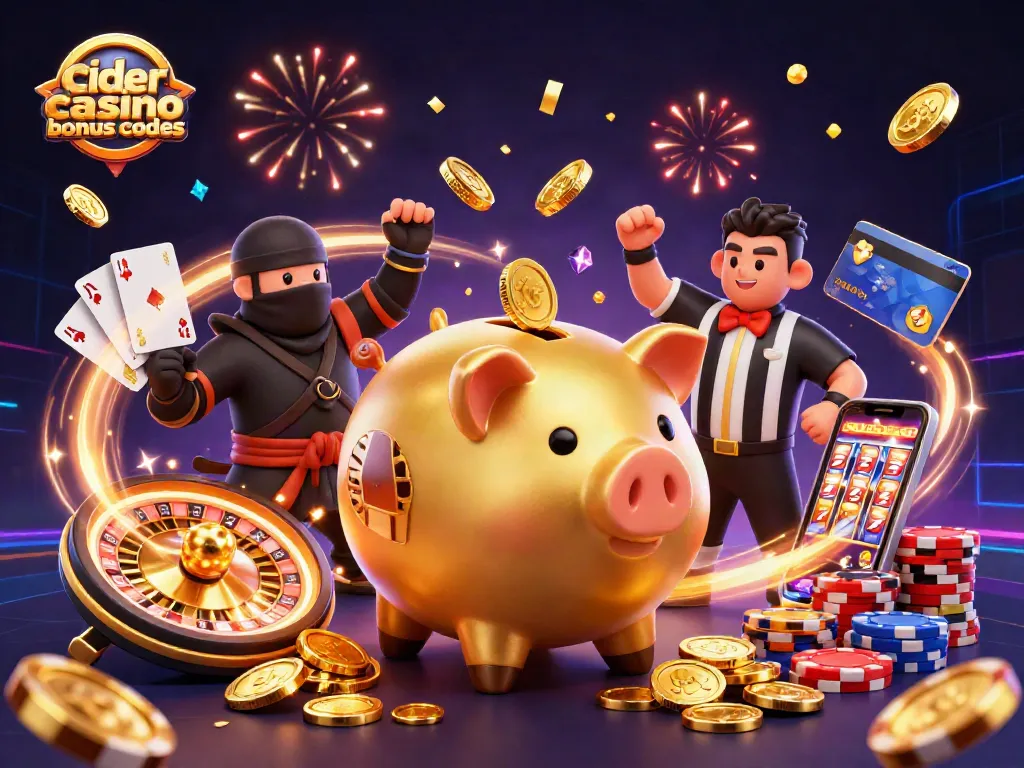 Cider Casino bonus codes scene showcasing a golden piggy bank sumo wrestler and dynamic game elements