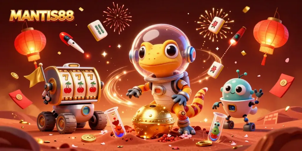 MANTIS88 showcases a vibrant 3D casino scene with a Martian gecko discovering riches, epitomizing online gaming adventure.