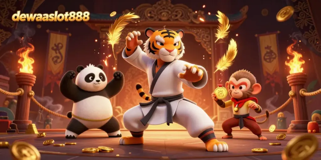Menangkan permainan di dewataslot888 dengan karakter kasino yang dinamis seperti macan kung fu dan panda, dikelilingi elemen permainan.