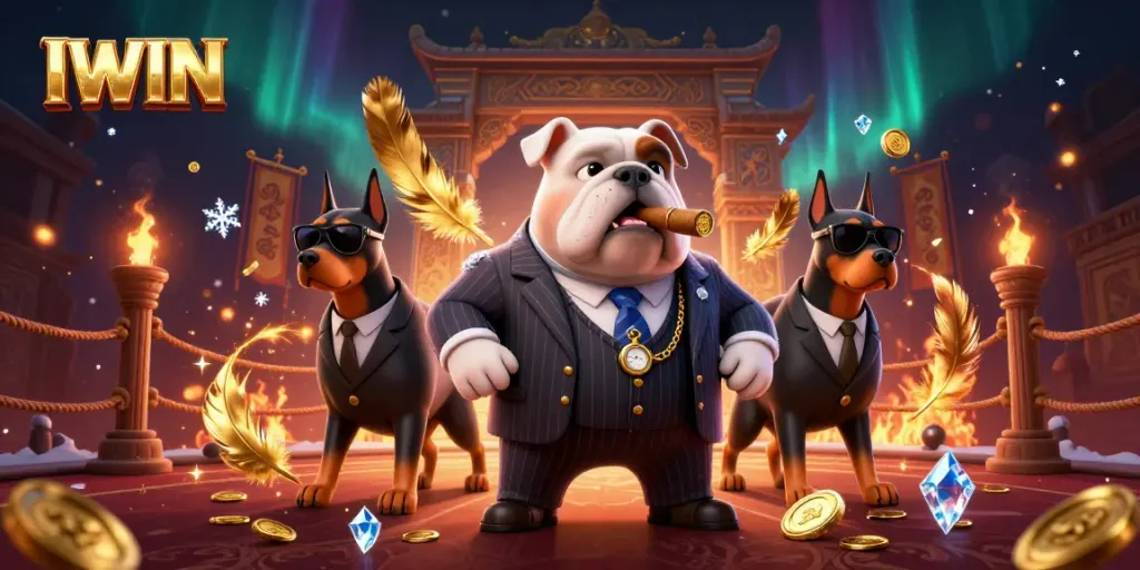IWIN showcases a vibrant 3D scene of a mafia-style bulldog surrounded by dynamic gambling elements, evoking excitement.