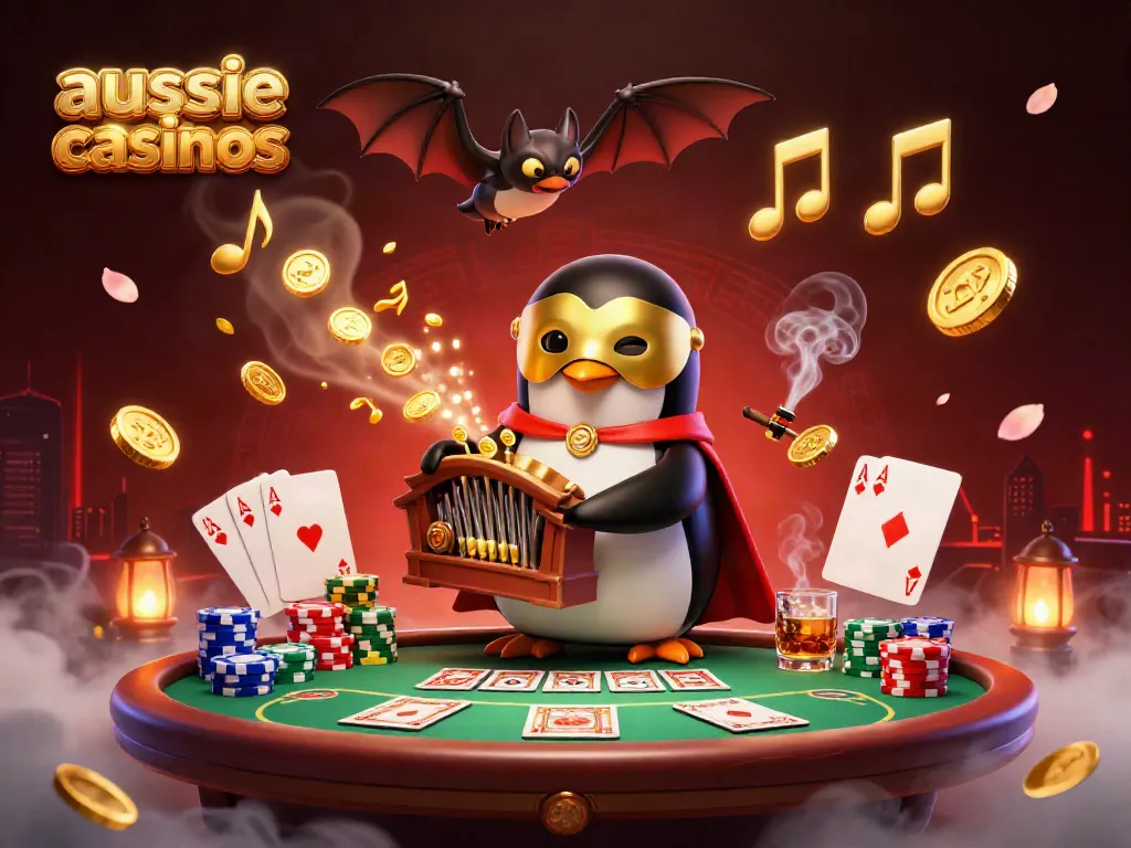 Experience thrilling action at aussie online casinos with a penguin playing an organ and golden coins flying around.