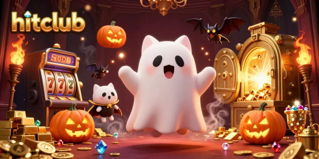 Experience the excitement of hitclub as the friendly ghost cat and vampire bat fly through a vibrant casino scene.