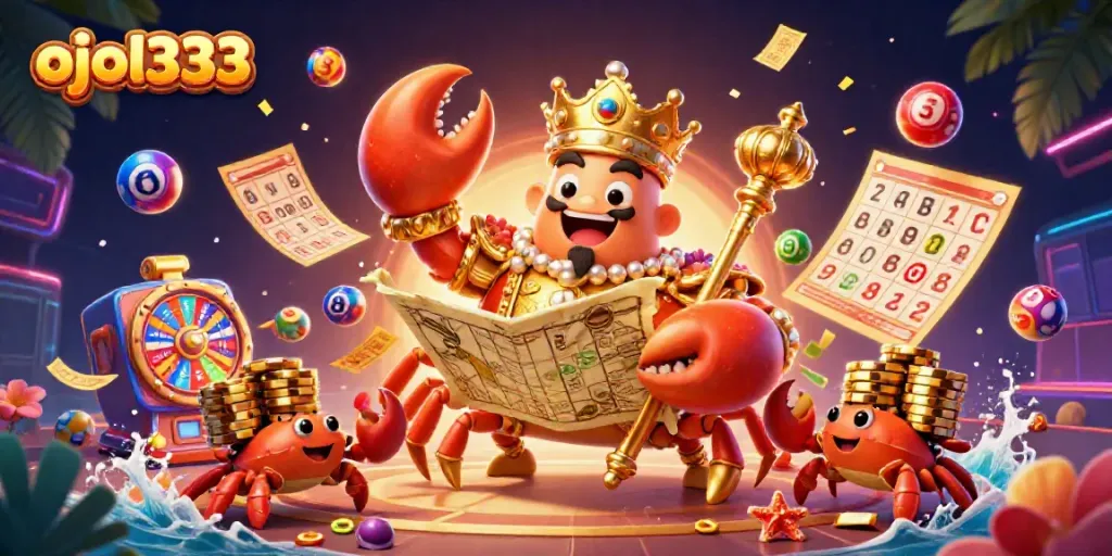 Experience thrilling gameplay with ojol333 in this vibrant casino scene featuring a golden crab emperor.