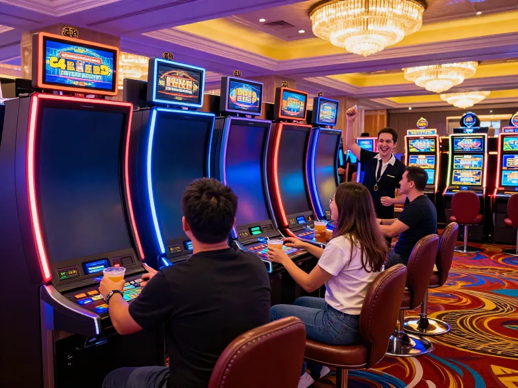 Players enjoying Lucky777 slot machines in a vibrant casino atmosphere