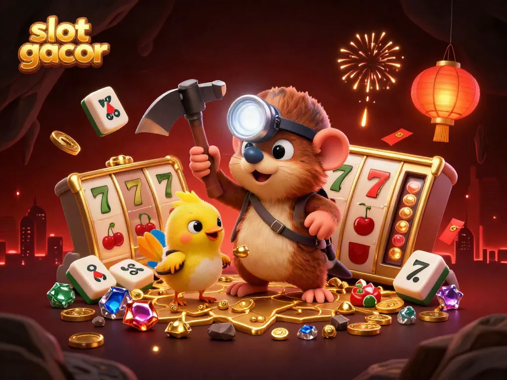 Engage with slot gacor through an exciting 3D illustration featuring a treasure hunter mole in a vibrant casino cave.