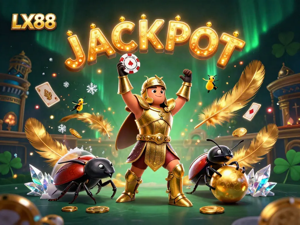 LX88 beetle champions lifting poker chip in a vibrant casino scene