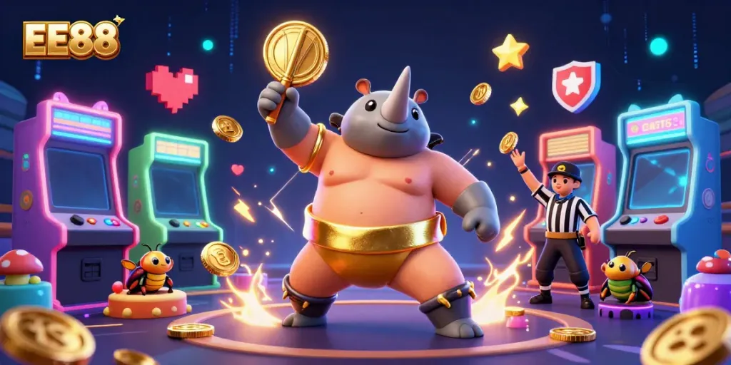 Engage with EE88 through vibrant gaming scenes featuring a beetle sumo champion and festive arcade elements.