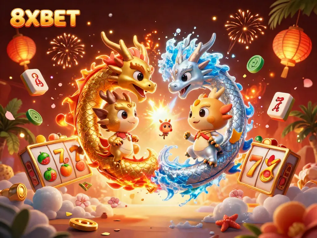 Enhance your gaming experience with 8XBET's thrilling slots in a vibrant dragon-themed scene.