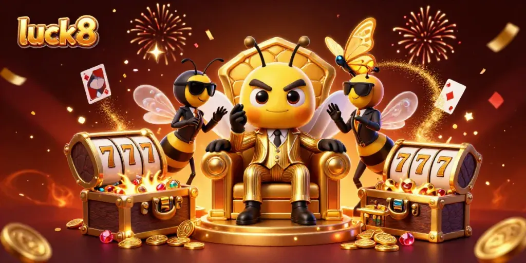 Luck8 buzzing with excitement as a bumblebee mob boss's golden throne is surrounded by sparkling slots and lively celebration.