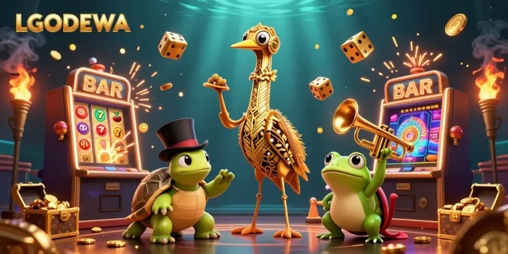 Experience the excitement of LGODEWA with a lively speakeasy scene full of colorful slot machines and charismatic characters.