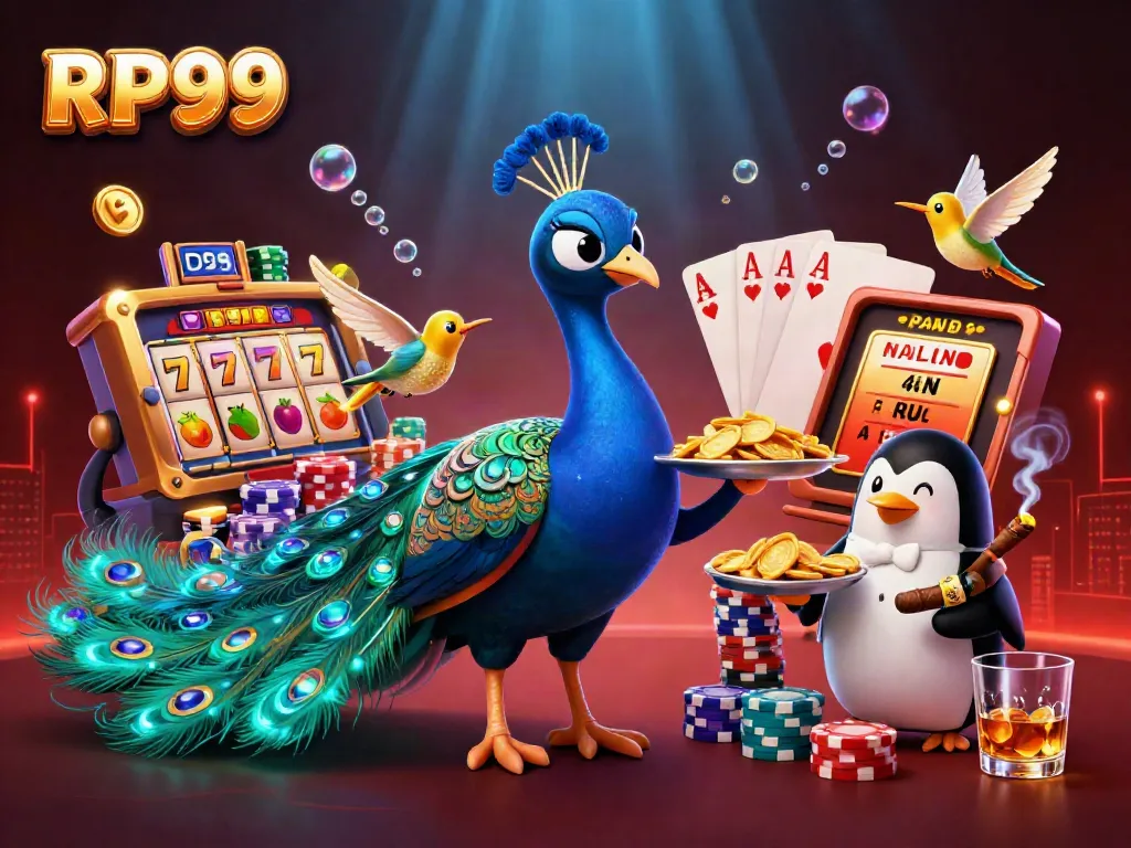 Play Slots with RP99, featuring a glamorous peacock and vibrant casino elements enhancing the gaming experience