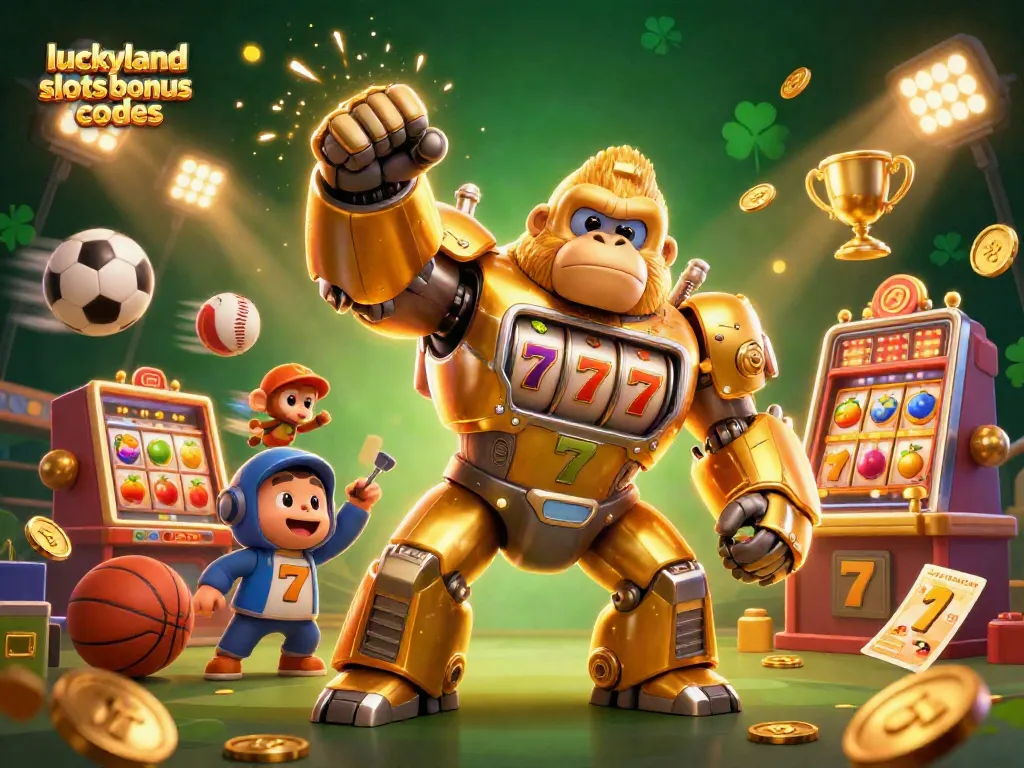 Engage with luckyland slots bonus codes in vibrant slot-themed 3D digital illustration featuring a golden gorilla mech and dynamic game elements.