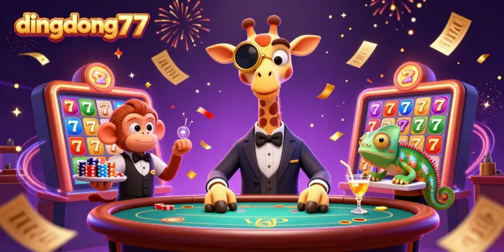 Engage in thrilling online gaming at dingdong77 with our vibrant casino scene featuring a high-roller giraffe and colorful slot elements.