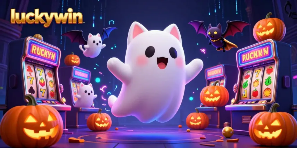 Engage with luckywin's thrilling casino games featuring a ghost cat, bat, and glowing pumpkins!