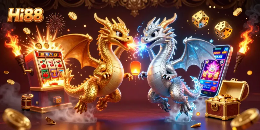 Experience thrilling gameplay with Hi88's vibrant 3D illustration of gold and silver dragons and dynamic casino elements.