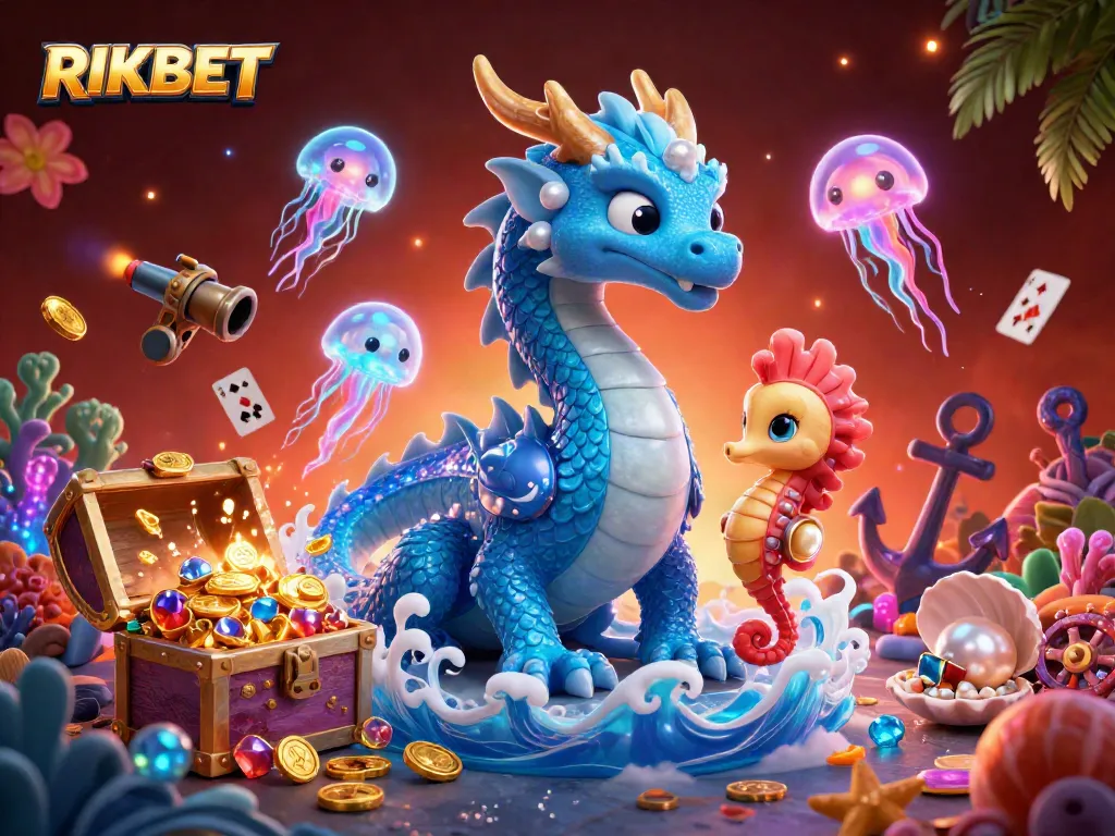 Experience the thrilling adventures of RIKBET with a dragon, seahorse knight, and glowing jellyfish in a vibrant casino undersea world.
