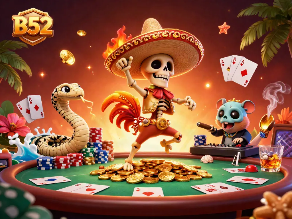 B52 gambling excitement as a mariachi rooster and friends celebrate victories at a vibrant casino.