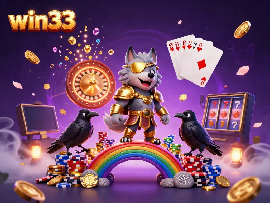Experience thrilling gameplay at win33 with Odin and his ravens surrounded by casino elements and vibrant treasures.