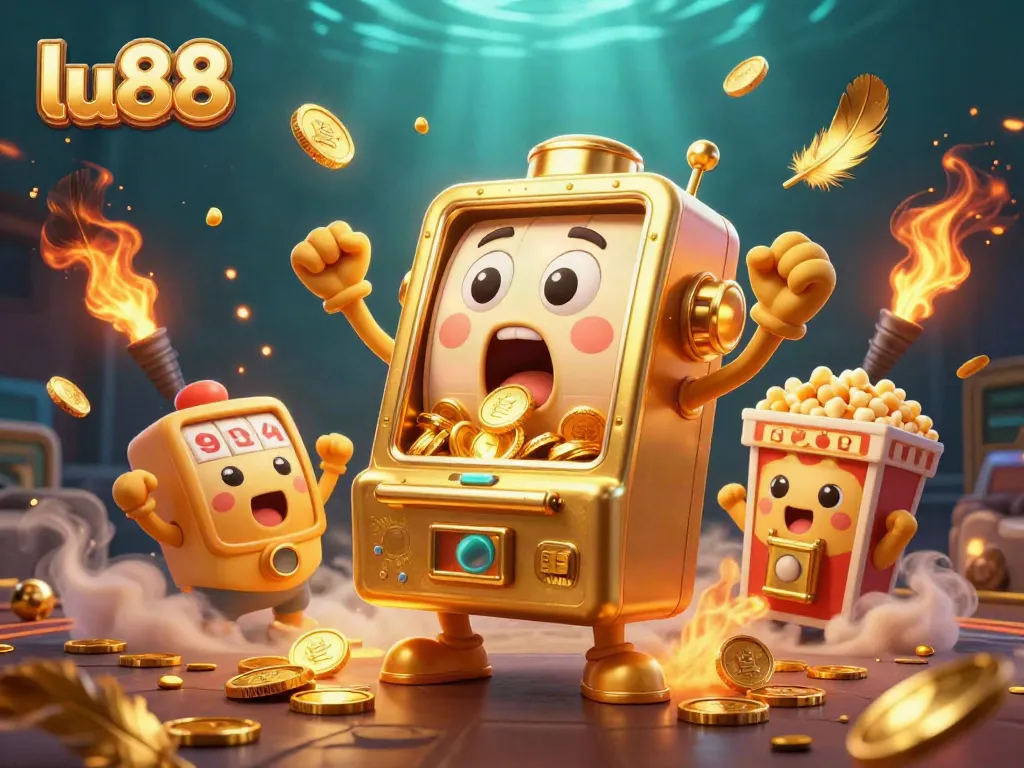 Watch the lu88 slot machine hitting its jackpot in a thrilling casino scene full of gold and excitement.