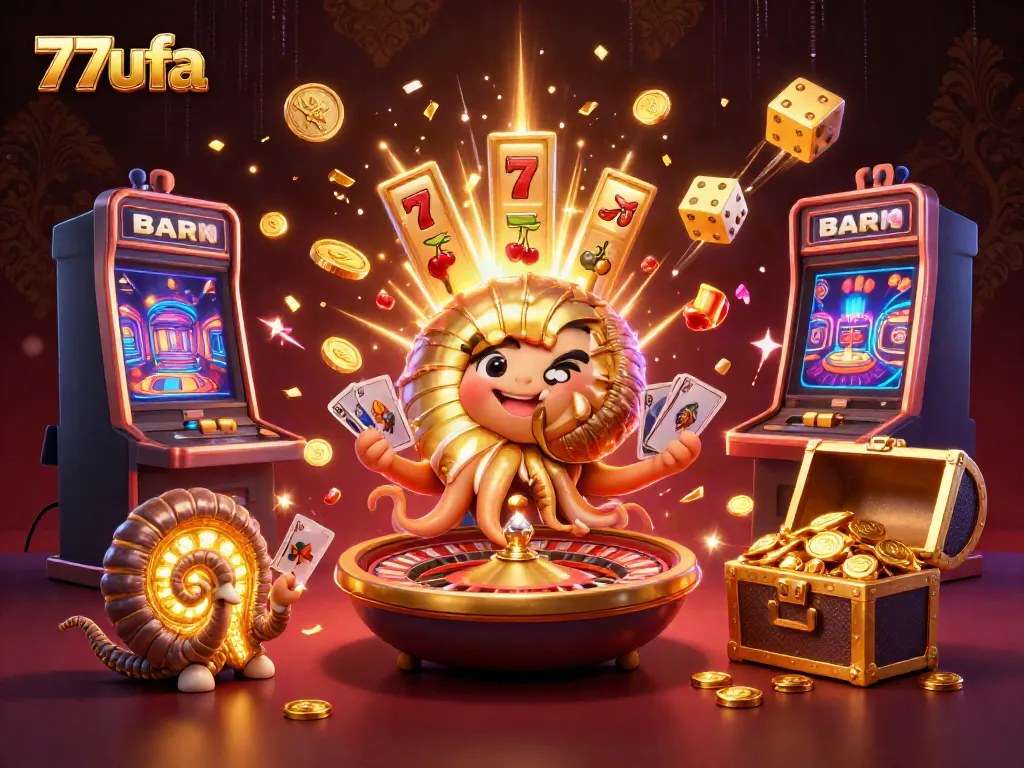 77ufa casino scene featuring a giant nautilus roulette wheel surrounded by vibrant gaming elements and symbols.