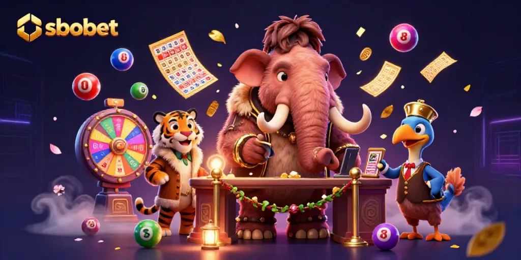 SBOBET offers a vibrant betting scene featuring a woolly mammoth bouncer, saber-tooth tiger VIP, and dodo bird doorman among colorful lottery elements.