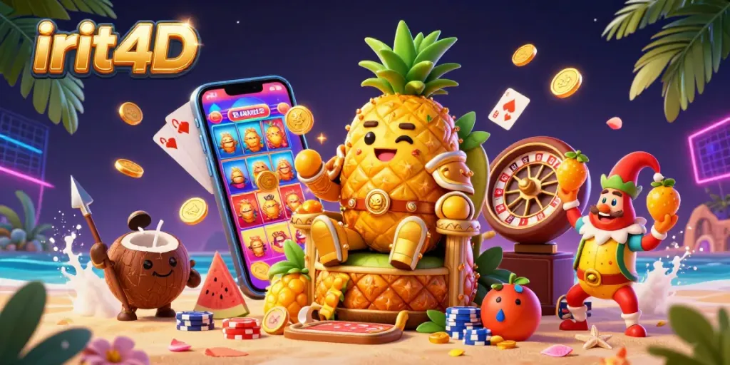 Experience thrilling excitement at irit4D casino with a vibrant tropical casino scene featuring a golden pineapple king and dynamic game elements.