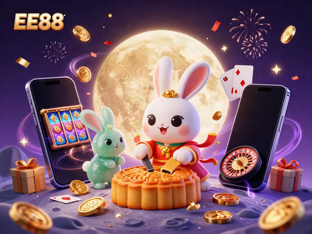EE88 moon rabbit enjoying a vibrant casino scene with dynamic gaming elements.