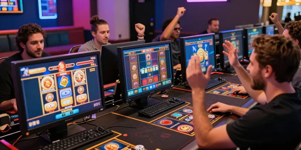 A lively online gaming experience highlighting players celebrating wins in a vibrant casino environment showcasing akunjp.