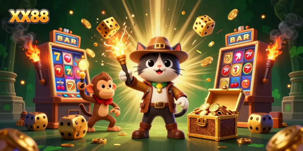 Experience the golden world of XX88, where a brave cat uncovering treasures meets dynamic casino excitement!