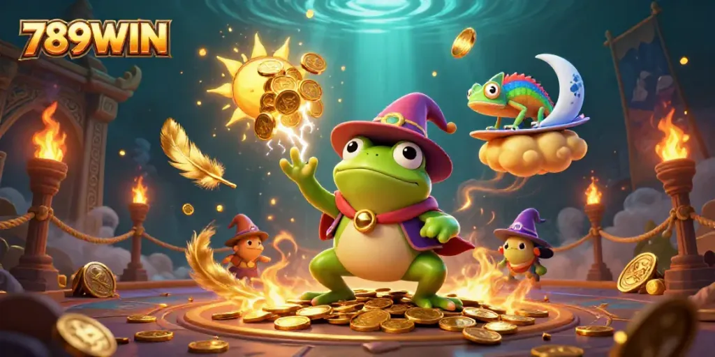 Experience the thrilling storm of golden coins with 789WIN's captivating characters in this vibrant casino scene.