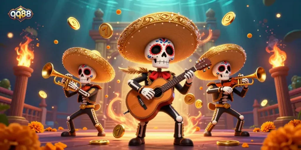 Experience thrilling qq88 casino action with a vibrant mariachi band in an exciting gaming arena.