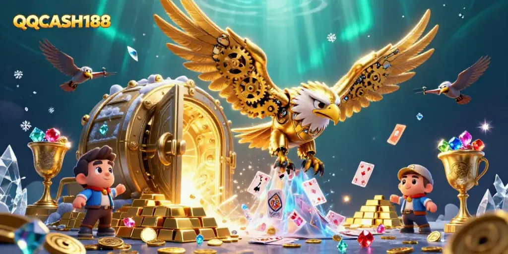 Experience excitement with QQCASH188 and a dynamic scene of fortune, featuring holographic cards and treasures.