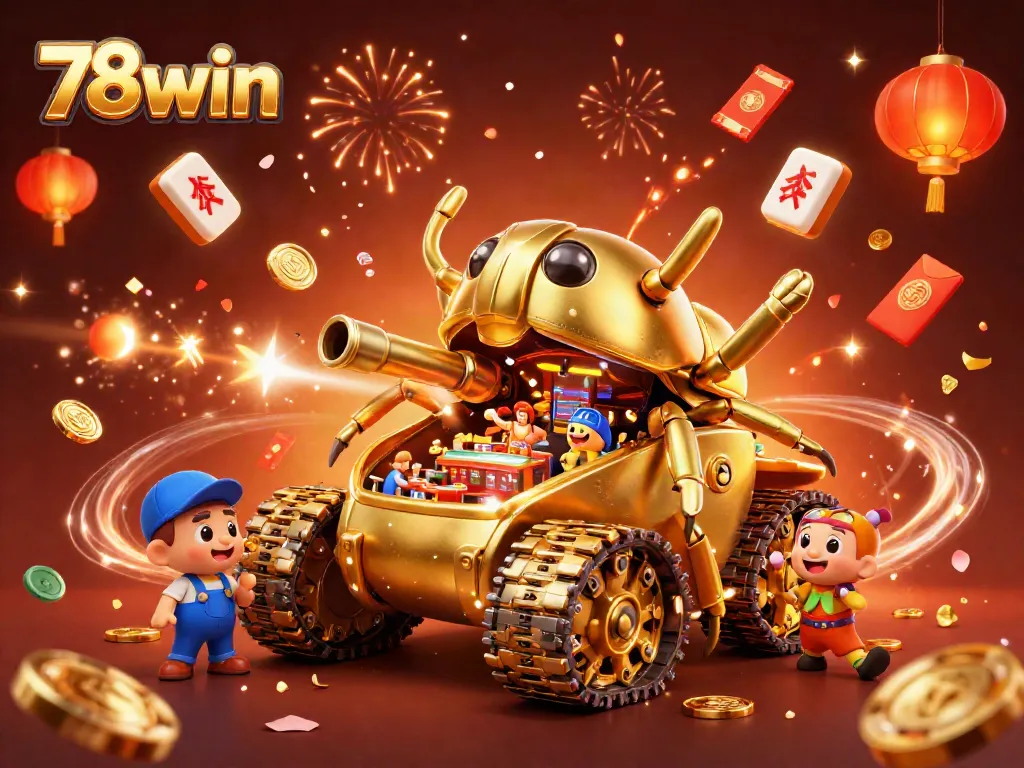 Experience the vibrant gaming atmosphere at 78win with a golden beetle tank casino, festive confetti, and dynamic action.