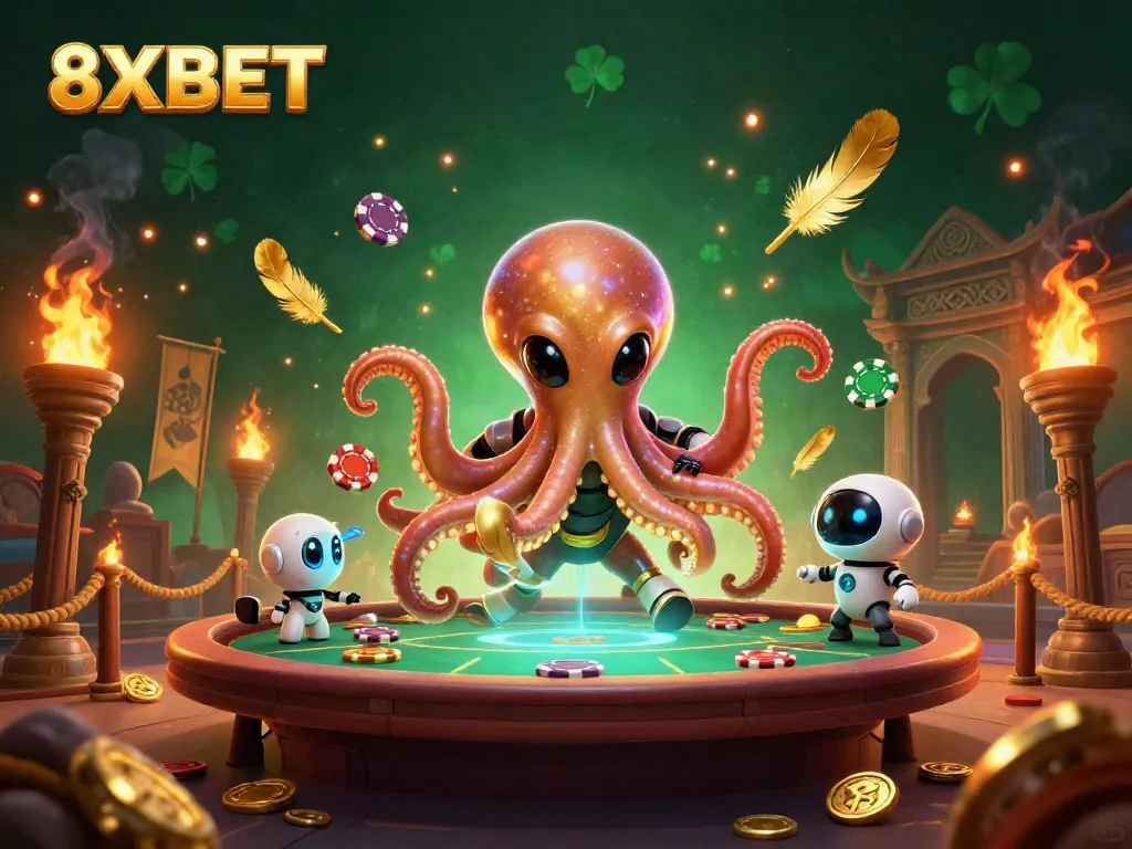 Engage in thrilling games with 8XBET at a holographic poker table in an exciting casino scenario.