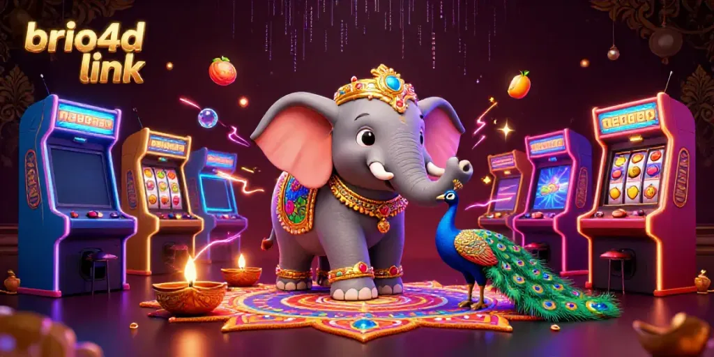 Experience the excitement of brio4d link with a vibrant 3D casino illustration filled with slot machines and Asian-inspired characters.