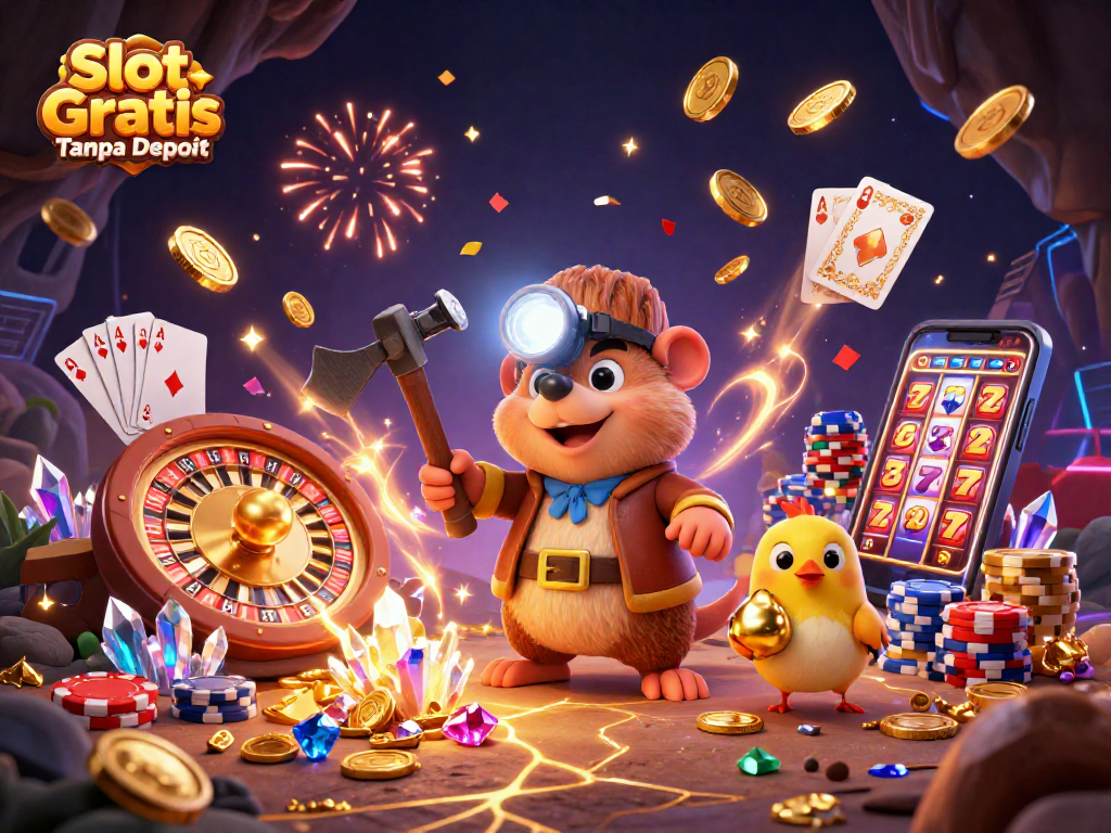 Experience the thrill of Slot Gratis Tanpa Deposit with dynamic 3D casino elements and cartoon characters!